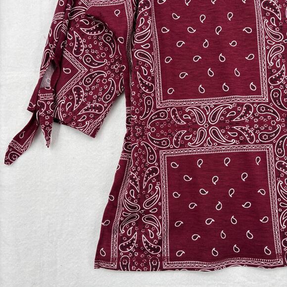 Weekend Suzanne Betro Blouse 1X Red Paisley Bandana Print Tie Sleeve Stretch - Picture 4 of 13
